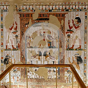 Fresco in the north wing end wall of the transverse chamber of TT69 featuring the adoration of the the sun god Re-Horakhty.