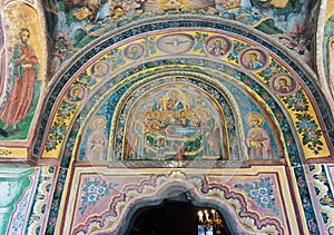 Fresco over the entrance to the main cathedral of the Troyan Monastery in Bulgaria