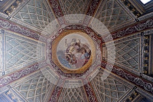 Fresco painting on the ceiling of the Cupola of the Cappella del Santissimo Sacramento in Mantua Cathedral, Italy