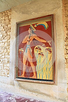 Fresco of Prince of the Lilies in the Palace of Knossos on Crete, Greece