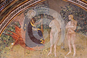 Fresco in San Gimignano - Jesus, Adam and Eve in the Garden of E