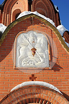 Fresco of St. George the Victorious at the Preobrazhensky Chapel in the park of the heroes of the First World War, Moscow, Russia.