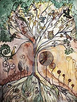 Fresco of tree of life with flock of birds.