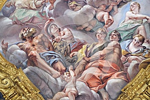 Fresco of virtues on the little cupola of side nave in Basilica dei Santi Ambrogio e Carlo al Corso, Rome
