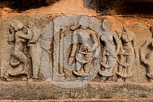 A fresco on the wall of a ruined palace complex in Hampi, Karnataka, India.