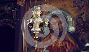 frescoe of jesus in  an orthodox church in macedonia photo