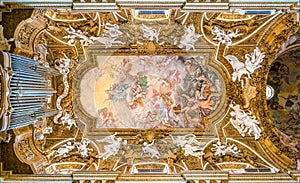 Frescoed vault by Giovanni Domenico Cerrini in the Church of Santa Maria della Vittoria in Rome, Italy.