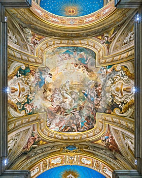 Frescoed vault with `The Glory of St Bridget` by Biagio Puccini, in the Church of Santa Brigida, in Rome, Italy.