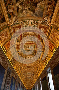 The frescoes on the ceiling of the gallery of maps in Vatican museum, Rome, Italy