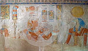 Frescoes inside of the ancient necropolis Valley of the Queens, Luxor, Egypt, Africa