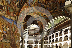 Frescoes under the arcades of the Rila monastery.