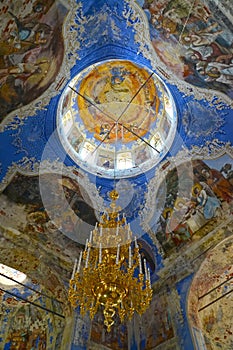Frescos and the lamp in an interior. Church of the Fedorovsky icon of the Mother of God. Uglich, Yaroslavl region