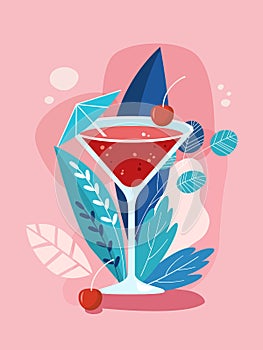 Fresh alcoholic cocktail Manhattan on pink background. Vector illustration