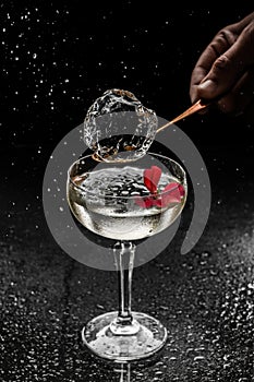 Fresh alcoholic cocktail with vodka, gin, ice, flower in wineglass on black background. Studio shot of drink in freeze motion,