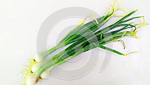 Fresh allium cepa onion peaces leaves snap