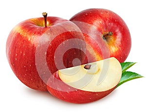 Isolated apples. Two red apple fruits with slice cut isolated on white with clipping path
