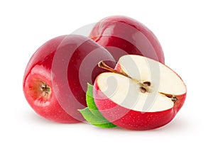 Isolated apples. Two whole red, pink apple fruits and half with leaves isolated on white background with clipping path