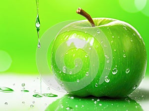 Fresh apple green with water drops. Ripe tasty green apple. Bright colors