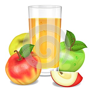 Fresh apple juice in glass, red and green apples