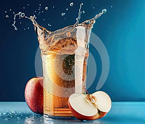 Fresh Apple Juice Splash, Isolated on Blue Background