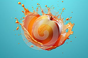 fresh apple in orange splash on blue background. Generative AI