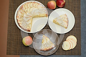 Fresh apple pie cut into triangular pieces. View from above