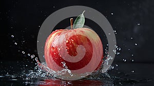 Fresh Apple with splashed water isolated on black background aspect ratio 16:9