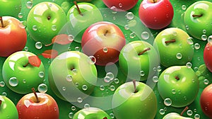 Fresh apples with raindrops. Nature background. Food ecology and agriculture. Generative AI. Illustration for banner, poster,