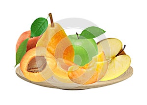 Fresh apricot, peach, apple and pear on wooden plate isolated on