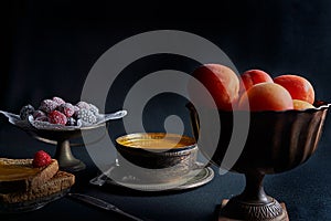 Fresh apricots, homemade apricot jam, toasted bread toast with jam and berries. photo