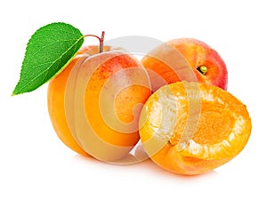 Fresh apricots with leaf close-up isolated on a white background