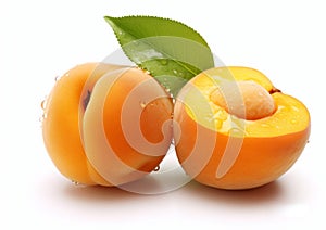 Fresh apricots with leaf on white background.Macro.AI Generative