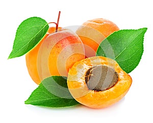 Fresh apricots with leaf close-up isolated on a white background