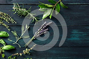 Fresh aromatic herbs, overhead flat lay shot on a dark rustic wooden background
