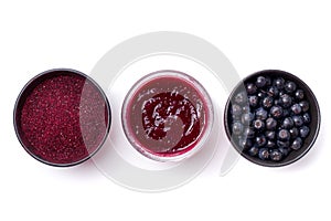Fresh Aronia berries, powder and jam