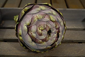 Fresh artichoke green-purple flower head, on wooden background