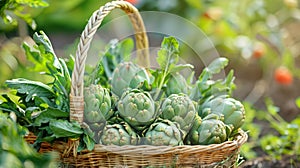 Fresh artichokes in a basket on a sunny garden backdrop