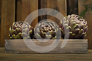 3 fresh artichokes green-purple flower head, on wooden background