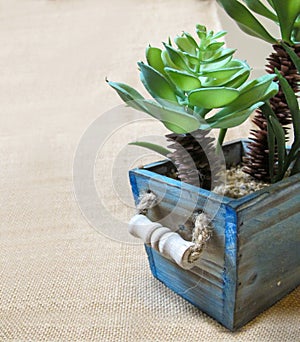 Fresh Artificial Flowers and Plants in wooden pot colur Blue