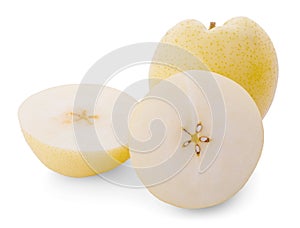 Fresh Asian Chinese White Pear Pyrus pyrifloral, nashi pear or yellow pear fruit, isolated on white background