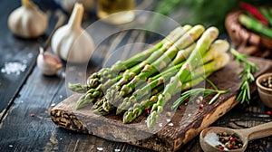 Fresh asparagus bunches wrapped in burlap on a wooden table,. Generated AI