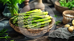 Fresh asparagus bunches wrapped in burlap on a wooden table,. Generated AI