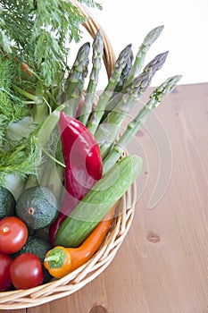 fresh assorted Vegetables in basket on wooden table,consumer vegetarian basket, tomatoes, fennel, paprika, asparagus