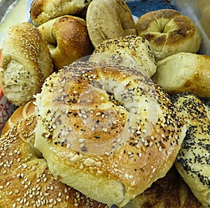 Fresh Assortment Of Breakfast Bagels Closeup View