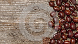 Fresh autumn chestnuts on wooden table, horizontal banner