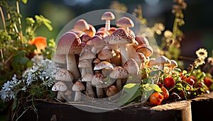 Fresh autumn growth organic edible mushrooms in uncultivated forest generated by AI