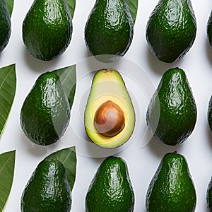Fresh avocado and green leaves arranged on a white background