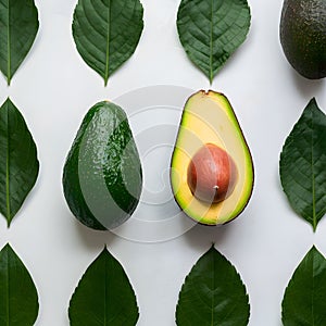 Fresh avocado and green leaves arranged on a white background