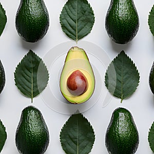 Fresh avocado and green leaves arranged on a white background