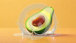 Fresh avocado half with seed and water splash effect